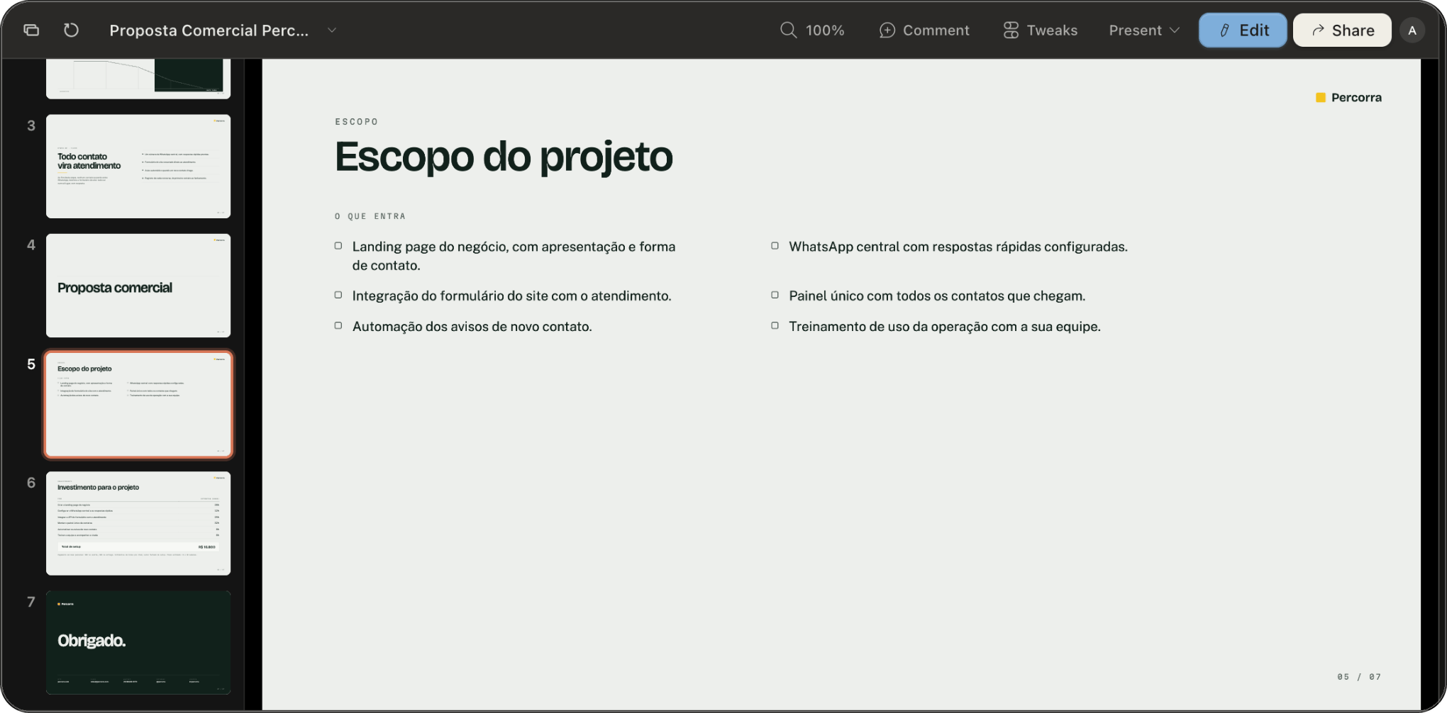 Slide de escopo da apresentação da proposta comercial, com a lista do que entra no projeto